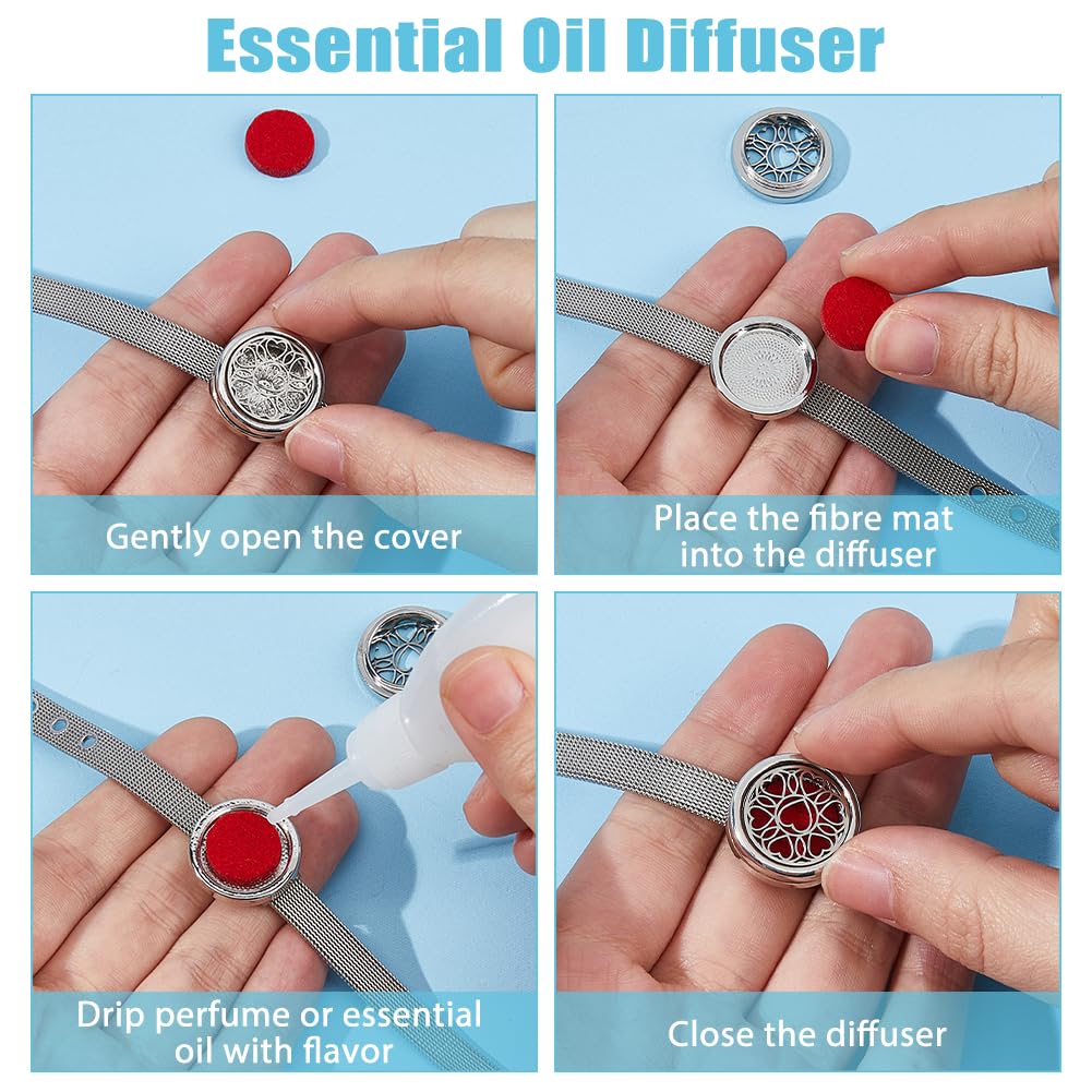 Hobbspring 2 Styles Essential Oil Diffuser Bracelet 8.82 inch Stainless Steel Watch Band Bracelets Aromatherapy Locket Adjustable Bracelet with 20Pcs Washable Refill Pads for Women Men Friends