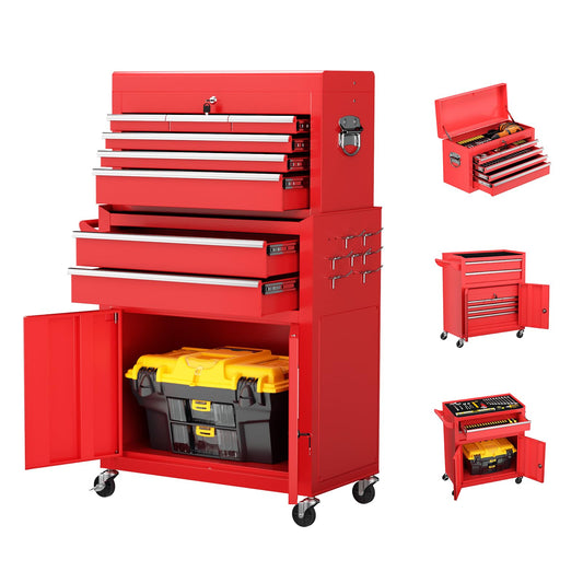 Oakcloud Heavy-Duty 8-Drawer Rolling Tool Chest & Cabinet Combo with Black Liner – Lockable Steel Garage Tool Box on Wheels – Detachable Top Toolbox & Bottom Storage Cart with Side Hooks, Red