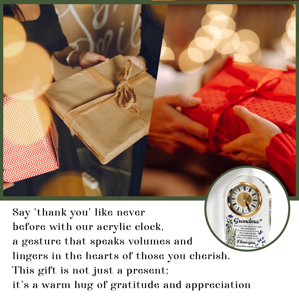 Grandma Gifts Acrylic Desk Clock, Wildflower Butterfly Quote Table Decor from Granddaughter Grandson, Mothers Day Suitable Gifts for Great-Grandma birthday, Christmas, and Thanksgiving, 4.3 x 7.8 in