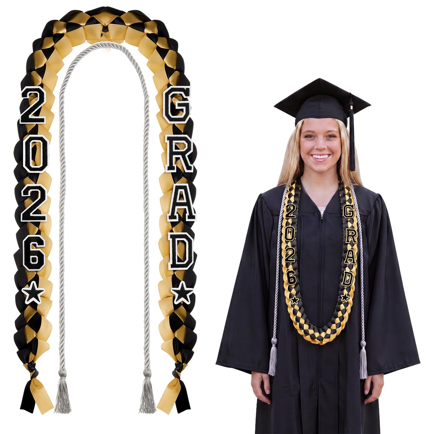 Cindeer 2026 Graduation Ribbon Lei Set Handmade Braided Necklace Honor Cord with Tassel 2026 Grad Embroidery Patches for High School College Graduation Party Supplies(Black, Gold)