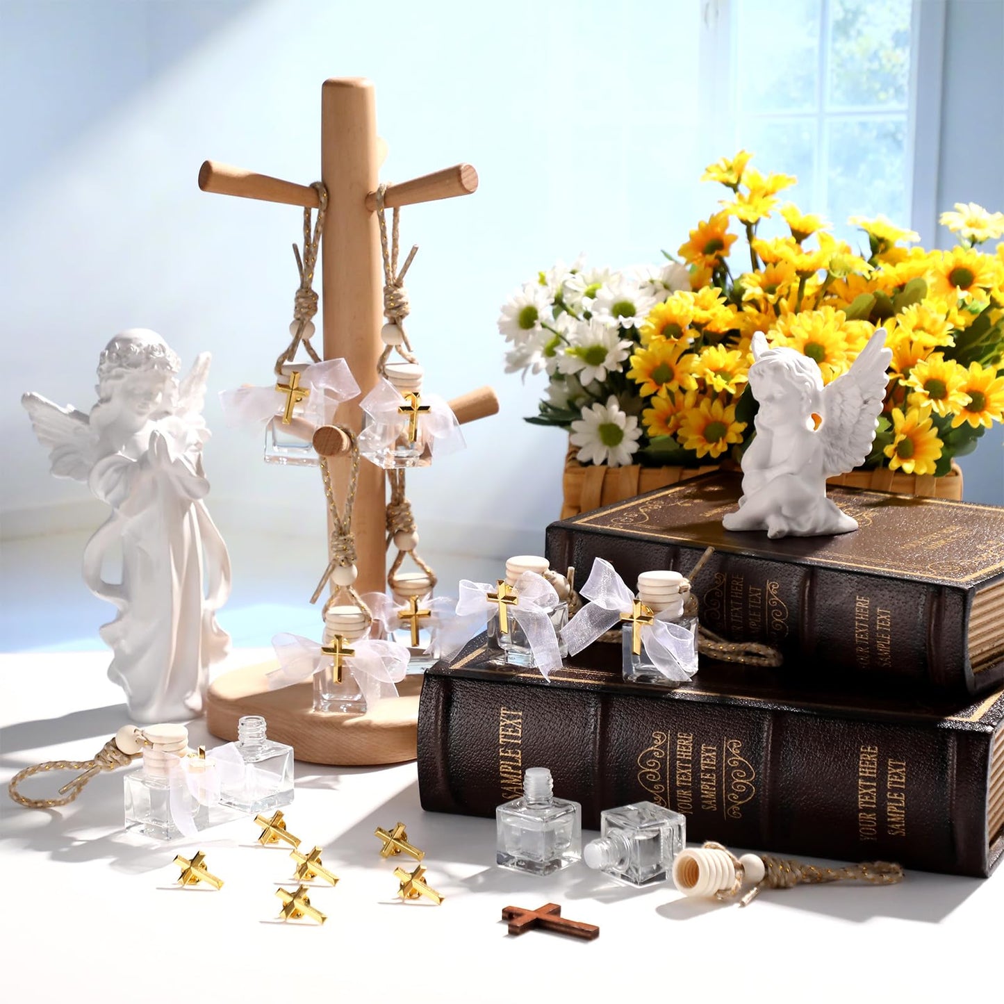 Afarnook 30 Set Holy Water Bottles Baptism Favors for Guest 8ml Mini Catholic Christian Holy Water Container with Cross Pin and Ribbon for Church Baptism Communion Christian Gift(White,Square)
