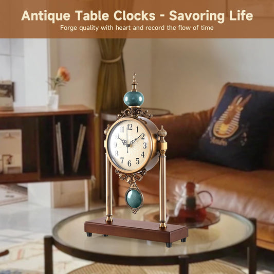WELAISA Vintage Table Clock with Turquoise Accents, Silent Non-Ticking, Wood Base and Metal Frame, Decorative Antique Design