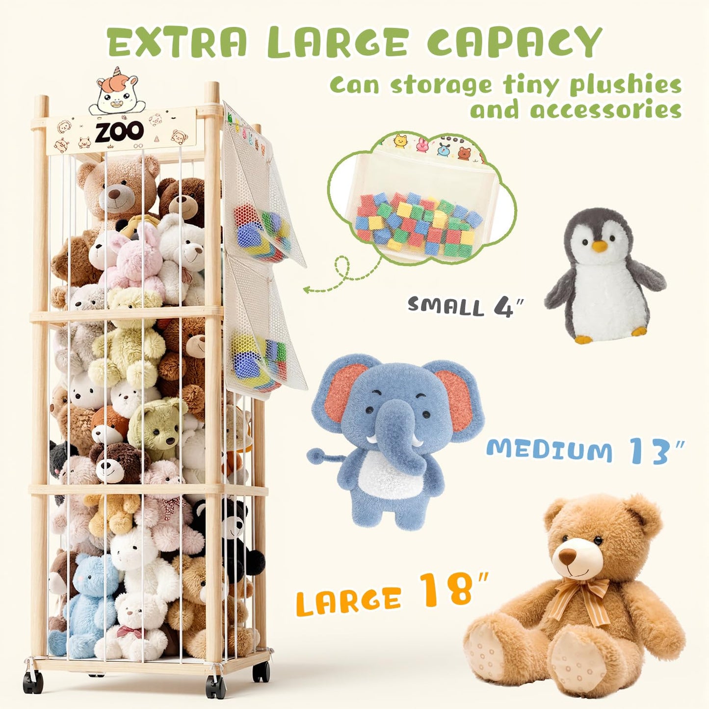 Nynicorny Stuffed Animal Storage Zoo Tower, Wooden Toy Organizer with Wheels, 56inch Large Cute Stuffy Holder & Plushie Storage Bag, Premium Wooden Material For Toddler Rooms, Playrooms & Bedrooms