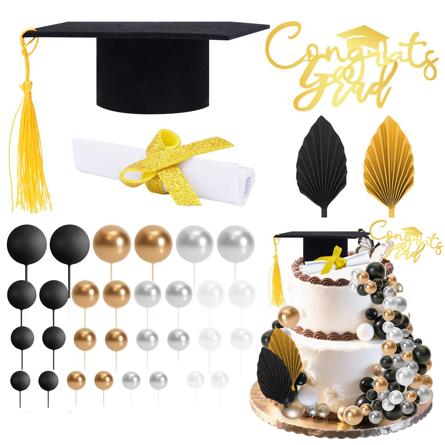 Graduation Cap Cake Topper Decorations Kit Included Cap Diploma Gold Congrats Grad Cake Topper Balls and Paper Palm Leaves Cake Decorations for Graduation Party Cake Decoration (Black)
