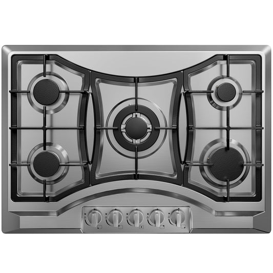 30 inch Drop-in Gas Cooktop with 5 Sealed Burners, Stainless Steel Stovetop, Dishwasher Safe Cast Iron Grates, NG/LPG Convertible, 38K BTU