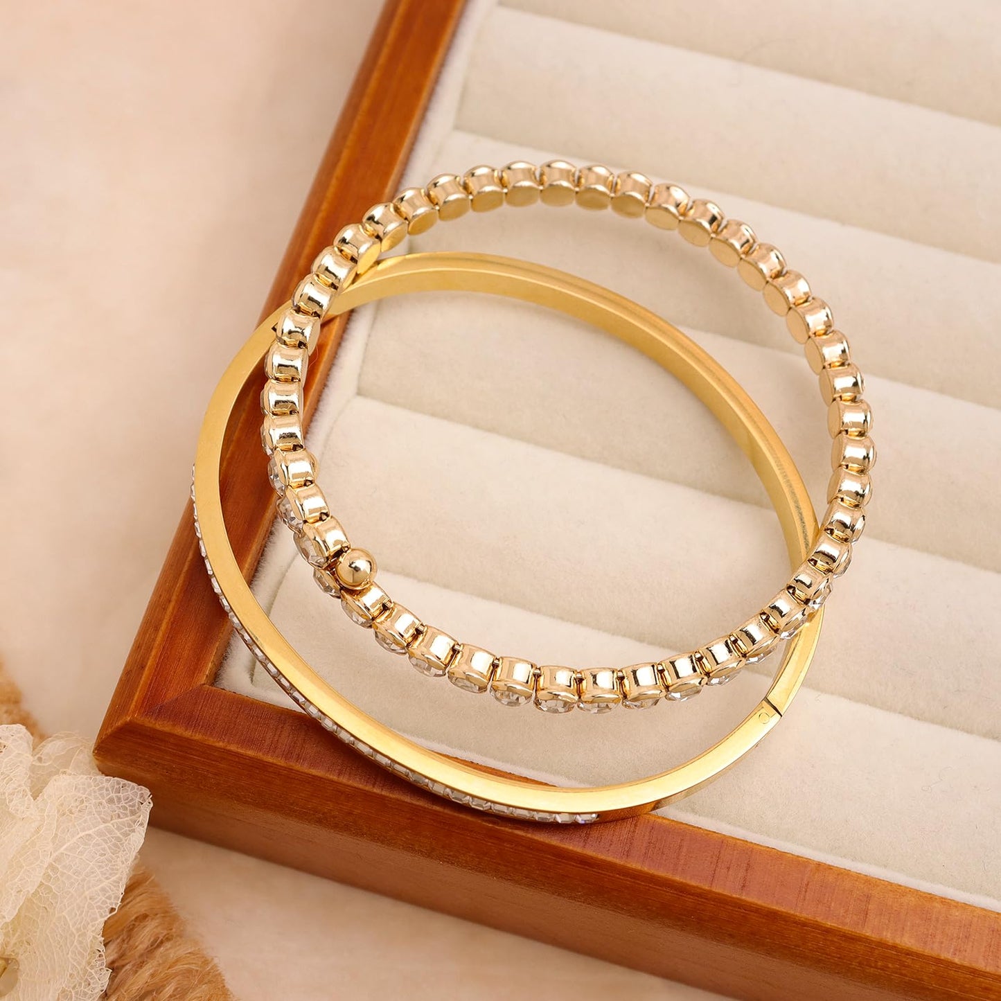 Agriajun Dainty Cubic Zirconia Gold Bangles Bracelets Set for Women, 2PCS Trendy Minimalist Statement Ruby Classic Tennis Bracelet Everyday Wedding Fashion Jewelry Christmas Gift.
