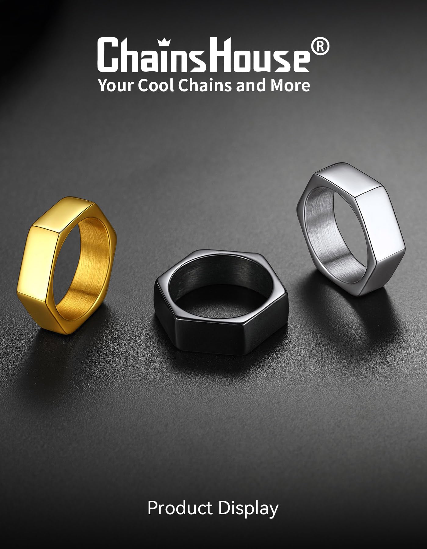 ChainsHouse Men's Punk Stainless Steel Gothic Screw Edge Hexagon Geometric Biker Ring Bands, Size 9