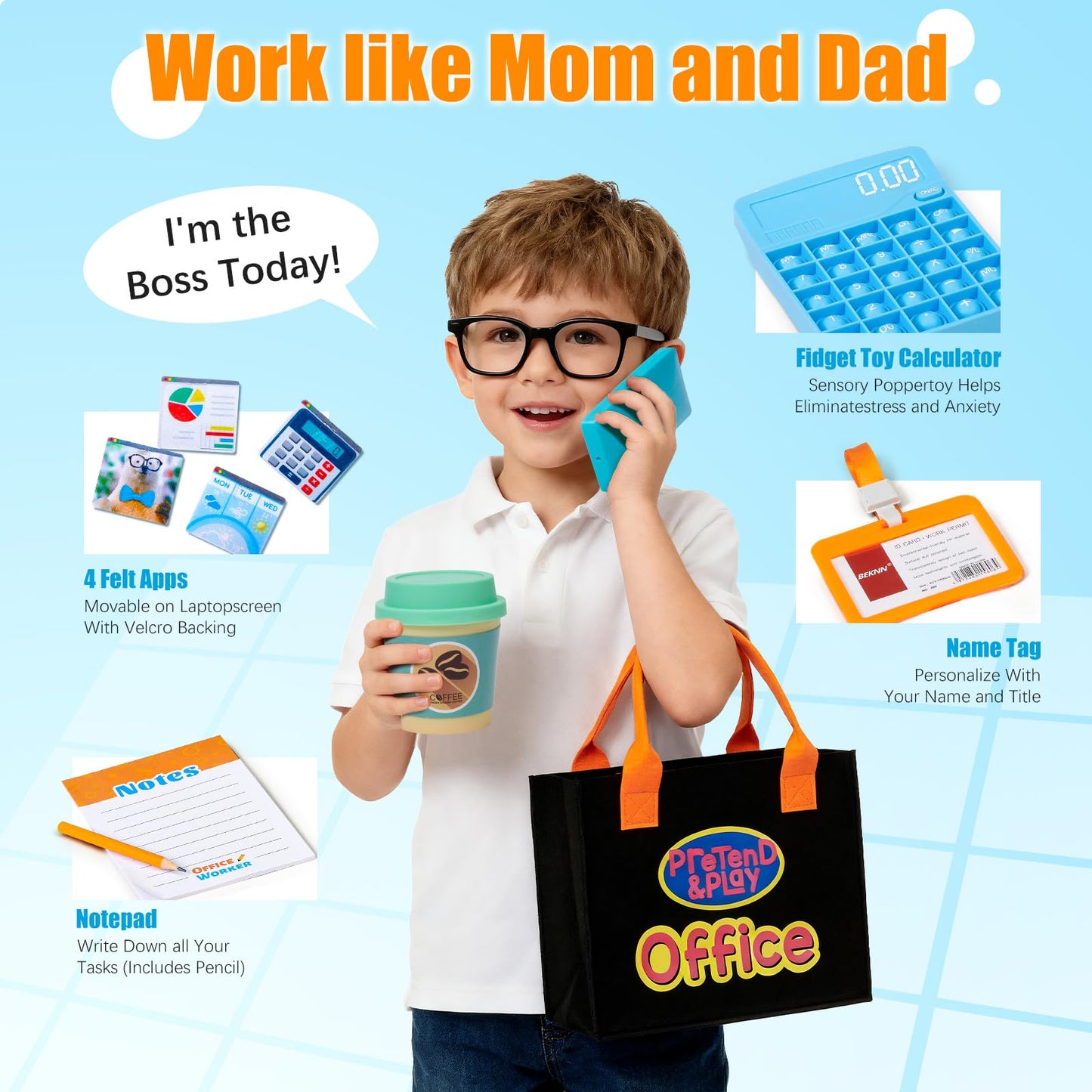 Cleboen Pretend Play Home Office Set for Kids — Toy Laptop Computer, LCD Writing Tablet, Pop Fidget Calculator, Phone, Headset, Glasses, Coffee Cup & Handbag, Birthday Gifts for Boys Girls Age 3-5-7