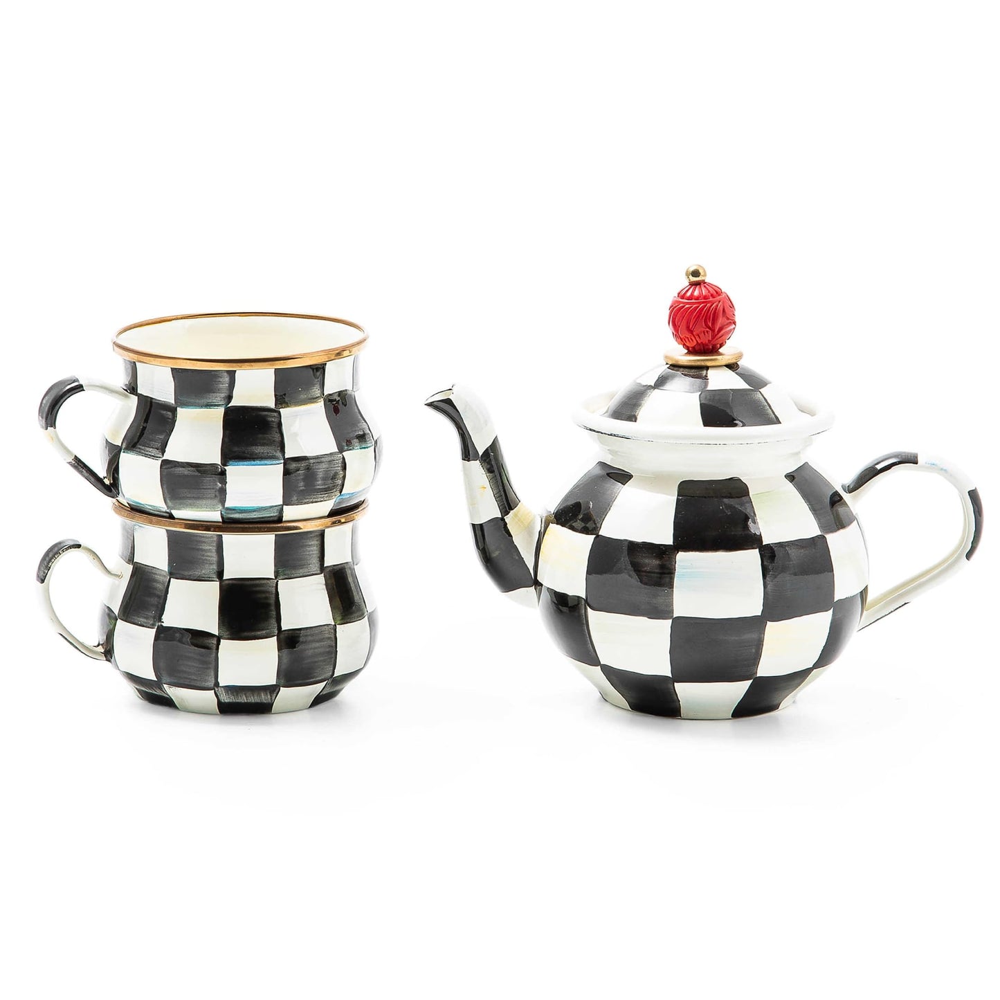 MACKENZIE-CHILDS Enamel Tea Party Set, Unique Teapot and Teacups, Tea Accessories Set, Black-and-White Courtly Check
