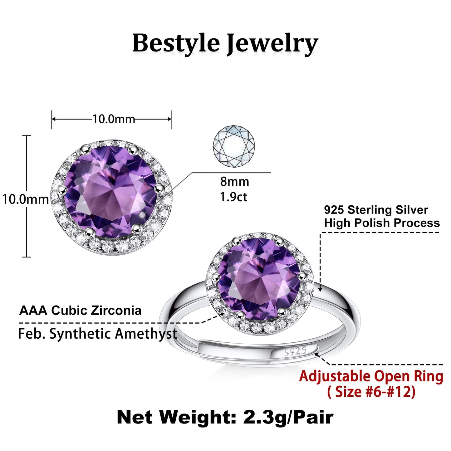 Bestyle 925 Sterling Silver Round Crytsal Cubic Zirconia Rings | Classic Silver February Amethyst Crystal Birthstone Rings for Women, Great Birthday Gift for Daughter/Wife/Mom/Grandma