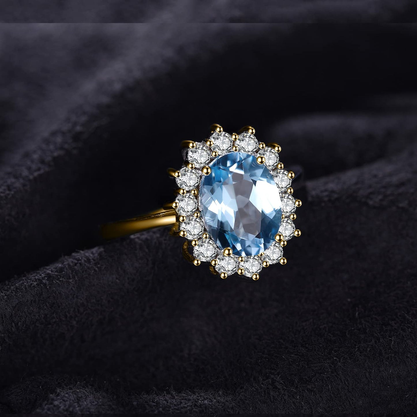 JewelryPalace Princess Diana Kate Middleton Gemstone Birthstone Blue Topaz Halo Statement Engagement Rings for Women, 14K Yellow Gold Plated 925 Sterling Silver Promise Rings for Her Size 10.5