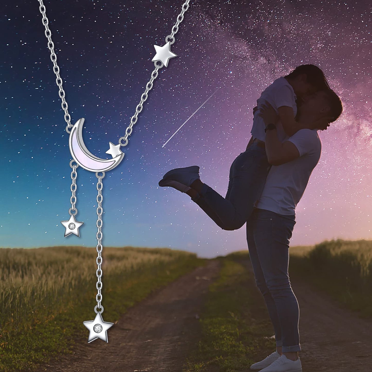 925 Sterling Silver Crescent Moon and Star Celestial Jewelry CZ White Oyster Shell Beads Mother of Pearl Pendant Necklace Rolo Chain 18 inches to 20 inches