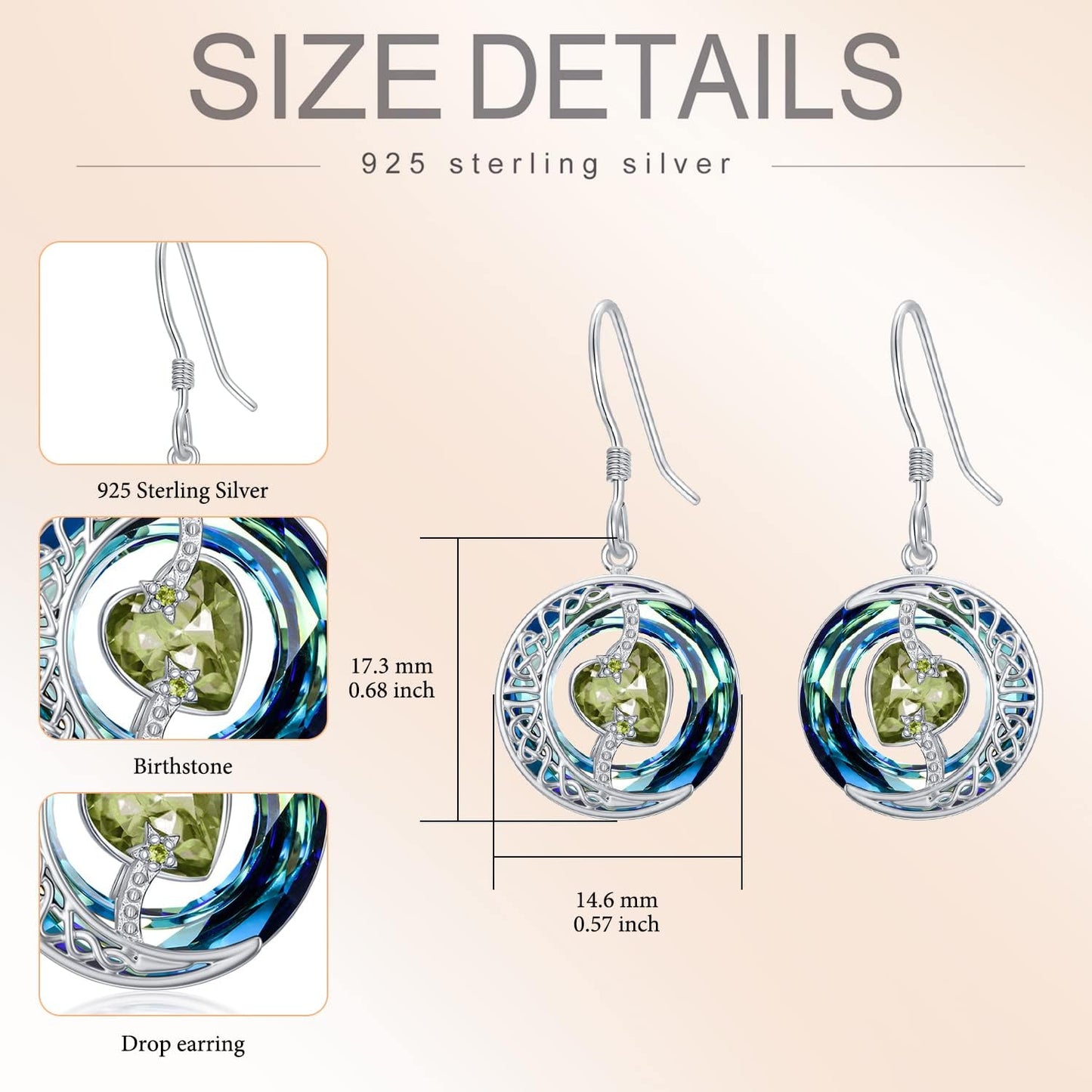 TOUPOP Peridot Earrings August Birthstone Earrings Sterling Silver Moon and Star Drop Dangle Earring Jewelry Blue Crystal Birthday Mothers Day Gifts for Women Mom Her