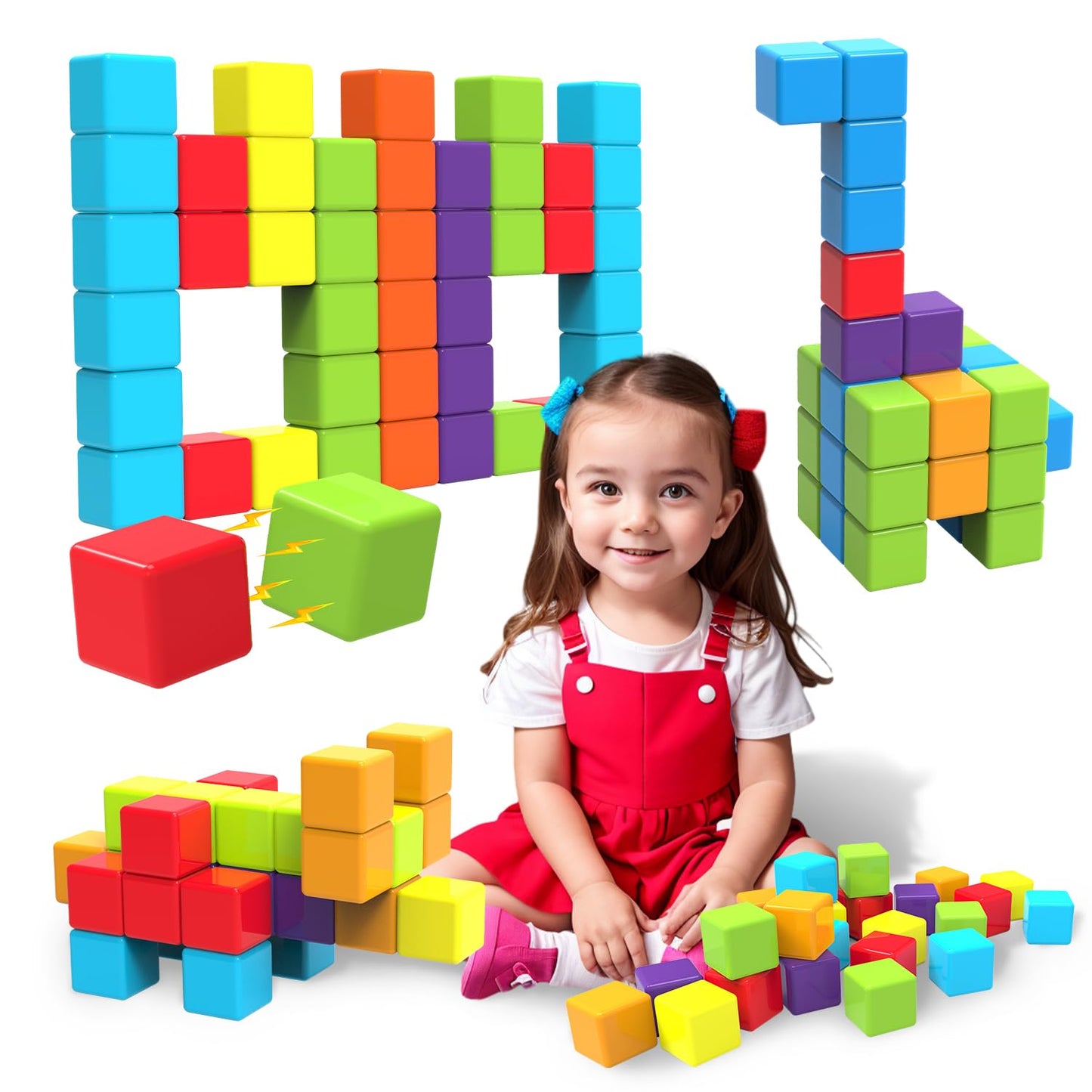 Magnetic Building Blocks, 1.65 inch Large Magnetic Stacking Cubes for Toddlers, Sensory & Montessori Toys for Boys & Girls 1 2 3 Years Old (24 PCS)