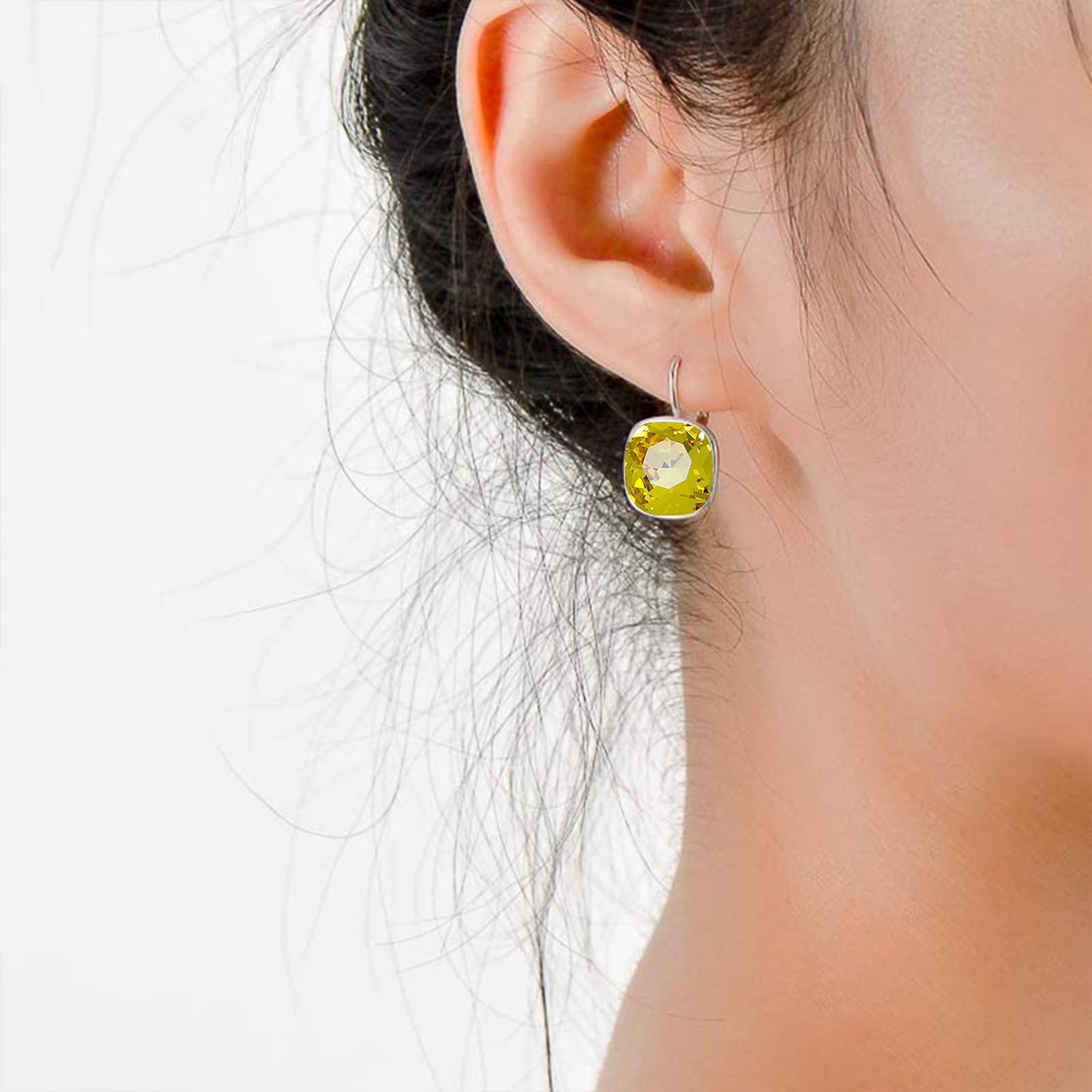 AOBOCO Sterling Silver Leverback Earrings Embellished with Crystals from Austria, Hypoallergenic Cushion Cut Square Crystal Earrings, Fine Anniversary Birthday Jewelry Gifts for Women (Yellow)