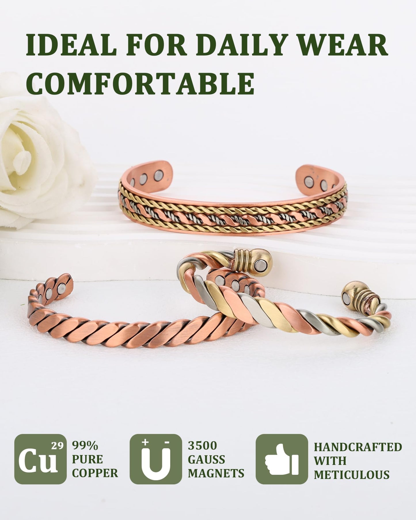 MagEnergy Copper Bracelets for Women Men, Set of 3 Pcs, Magnetic Therapy, Handmade 99% Copper Cuff Bracelet, Jewelry Gift Box