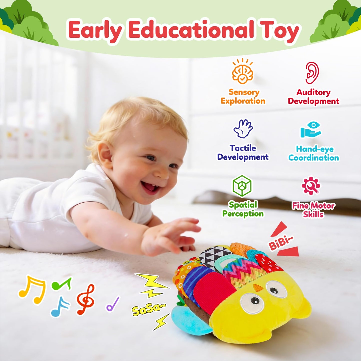 TSYAN Sensory Baby Owl Toy with Mirror, Crinkle & Squeaker–Tummy Time Educational Stuffed Animal for Infants 0-12 Months,Montessori Plush Toy Gifts for Newborns & Toddlers