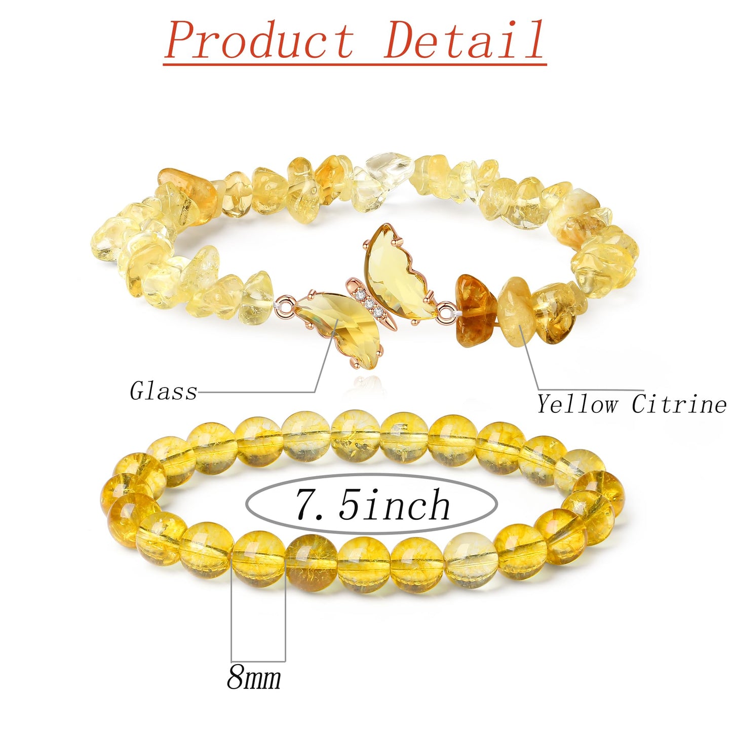 DUQGUHO Citrine Crystal Bracelets for Women Healing Yellow Bracelets 8mm Citrine Beaded Bracelets for Women Butterfly Charm Stretch Bracelets Yellow Jewelry Butterfly Gifts for Women 2PCS