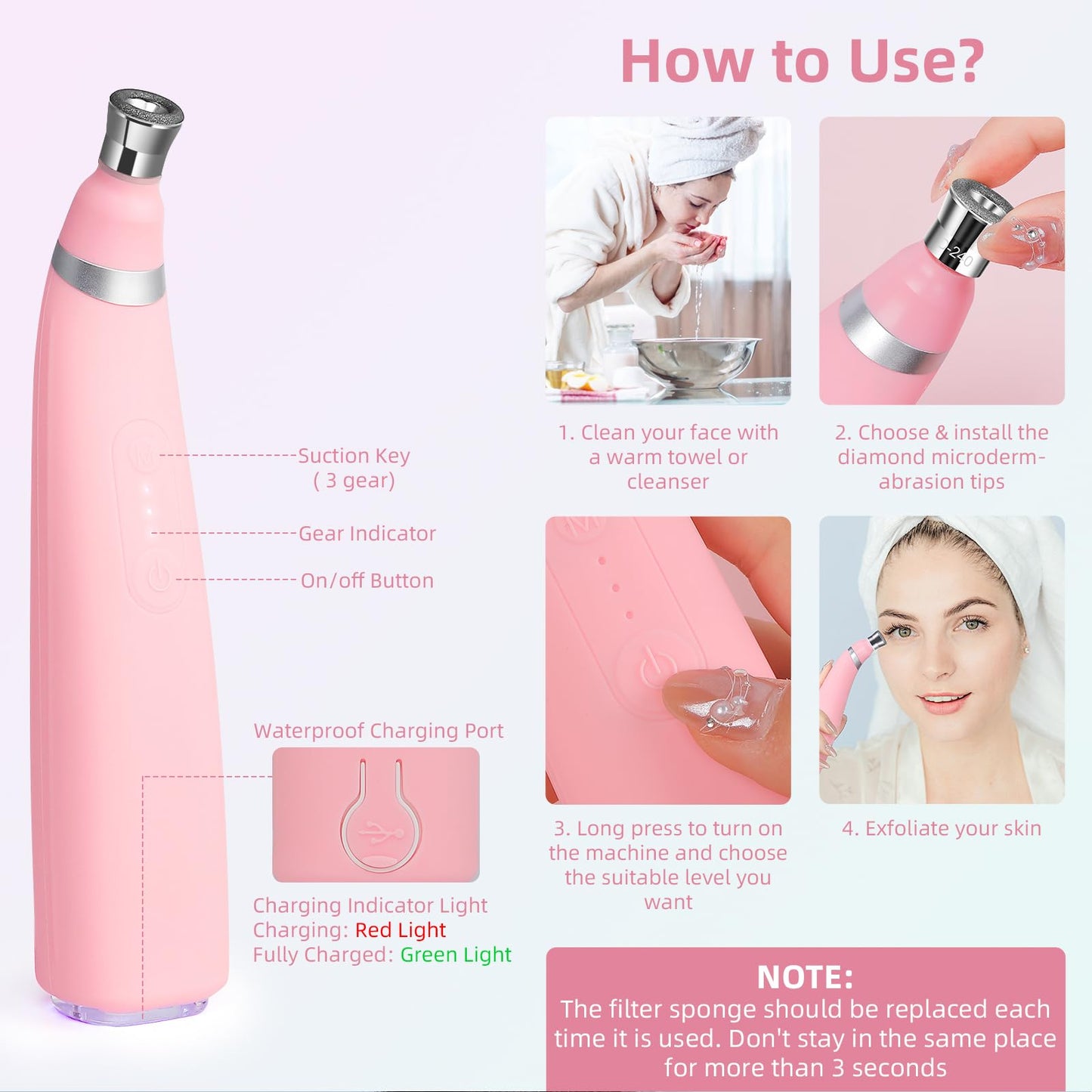 IeBilif Diamond Microdermabrasion Machine, 3 Modes Diamond Microdermabrasion Dermabrasion Machine for Blackhead Removal, Professional Portable Home Travel Microdermabrasion Device