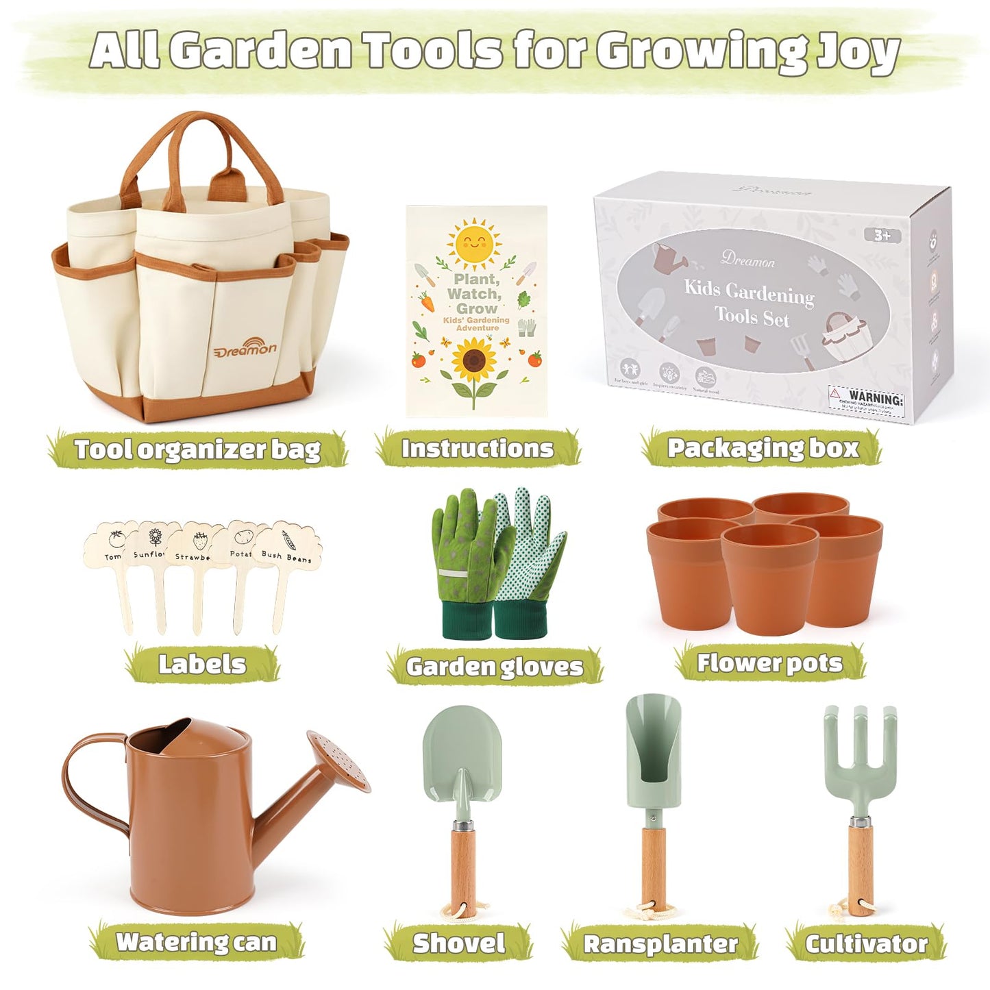 Dreamon Gardening Set Toys for Kids, Quality Garden Tool Kit Includes Tote Bag, Gloves, Shovel, Rake, Cultivator, Watering Can, STEM Learning Outdoor Gifts for Kids Toddlers