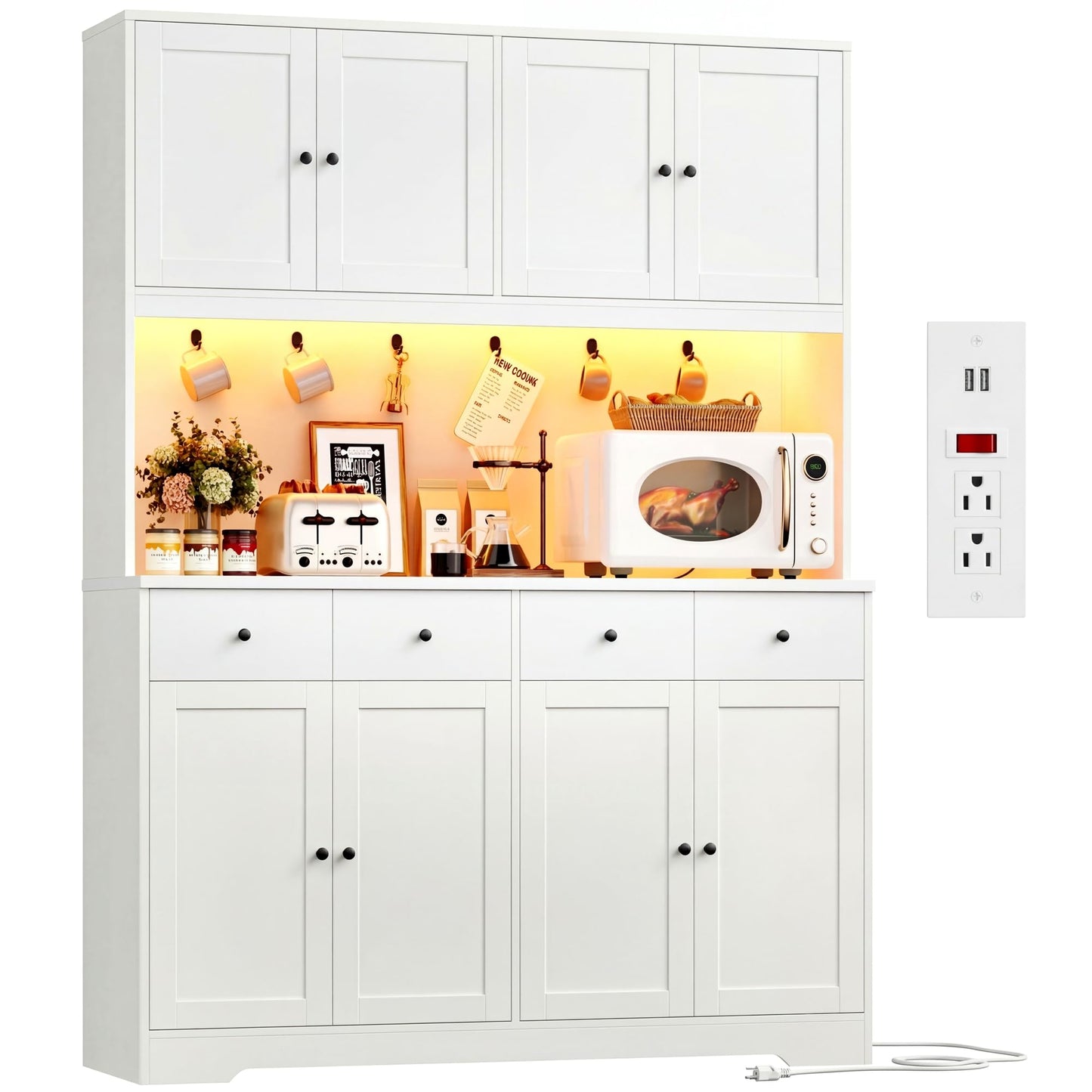 HIFIT 72" LED Kitchen Pantry Cabinet with Power Outlet & Cup Hooks, Tall Kitchen Hutch Storage Cabinets with Countertop Microwave Stand, Food Pantry Cabinet with Drawers for Dining Living Room, White