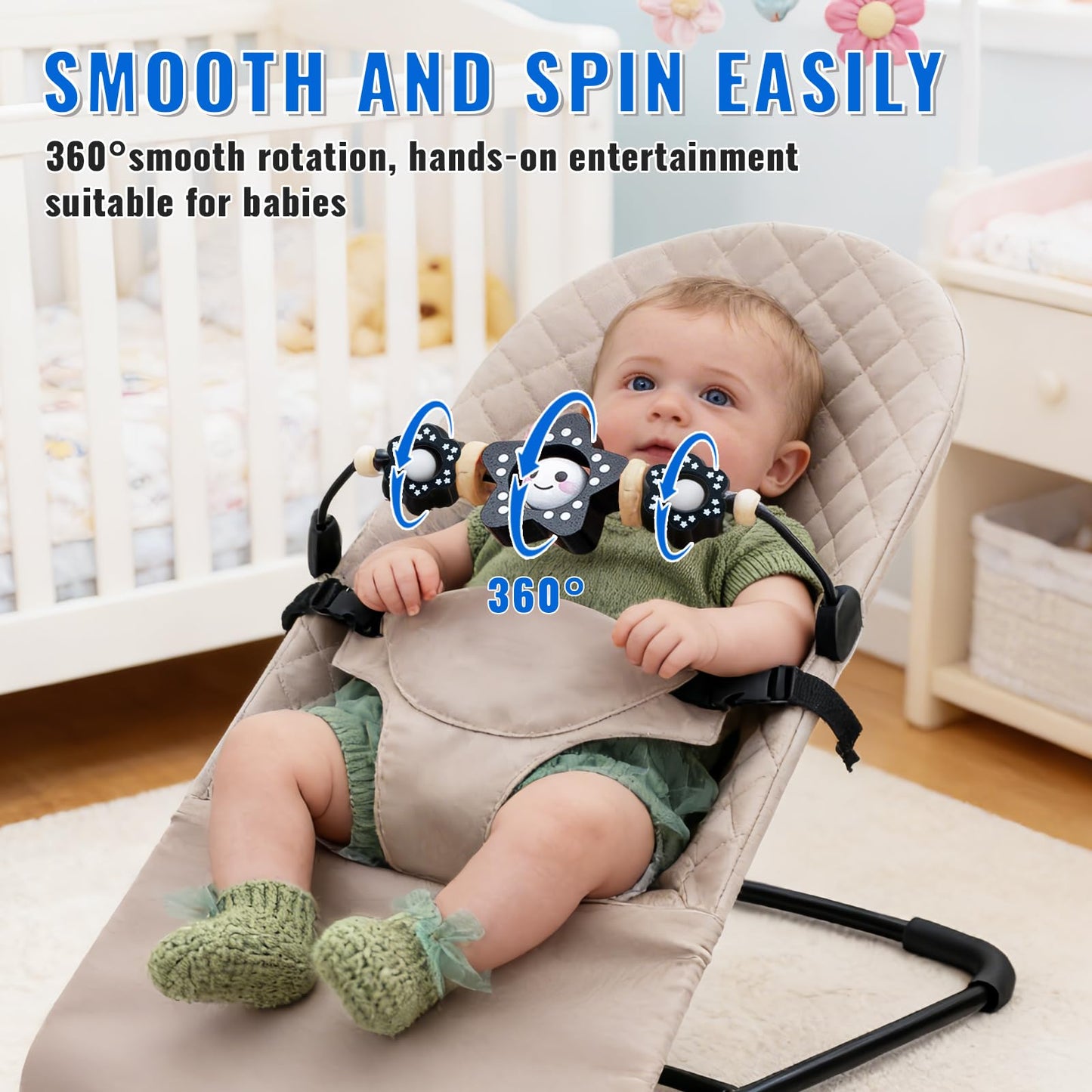 THE KENKYO Baby Bouncer Toy Bar Compatible with Baby Bjorn, Wooden Bouncer Toy Bar Attachment for Girls Boys, Funny Sensory Toy for Newborn to Toddler, Easy to Attach and Remove (Black)