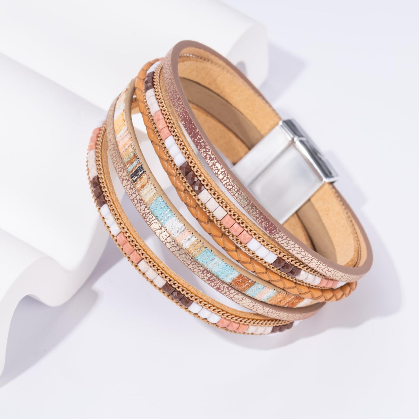 Becklynn Boho Leather Wrap Bracelets Beaded Crystal Stackable Cuff Bracelet with Magnetic Clasp Cowboy Cowgirl County Concert Outfits Western Jewelry Gifts for Women(Double Layer Brown)
