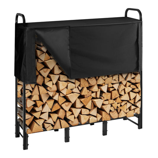 VEVOR Firewood Rack with Waterproof Cover, 4 ft Outdoor Firewood Holder, 1/4 Cord Storage Metal Log Holder, 400lb Max Weight Capacity, Top Covered, Powder-Coated Wood Storage Rack for Fireplace Deck