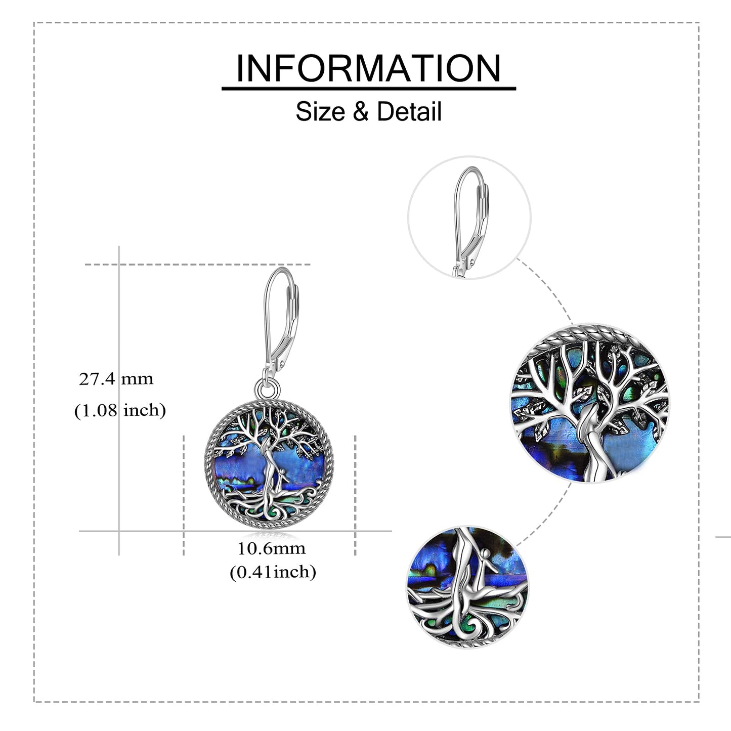 ONEFINITY Tree of Life Earrings 925 Sterling Silver Leverback Tree of Life Abalone Shell Dangle Drop Earrings for Women Jewelry Gifts