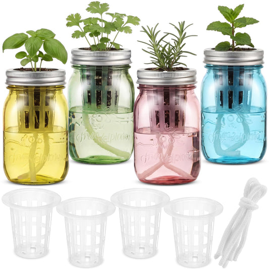 Ferrochef 4 Set Colored Hydroponic Mason Garden Jar Bulk 16 oz Self Watering Herb Hydroponic Planter Kit with Planting Baskets Absorbent Cores for Indoor Herb Windowsill Garden Flower Grow Germination