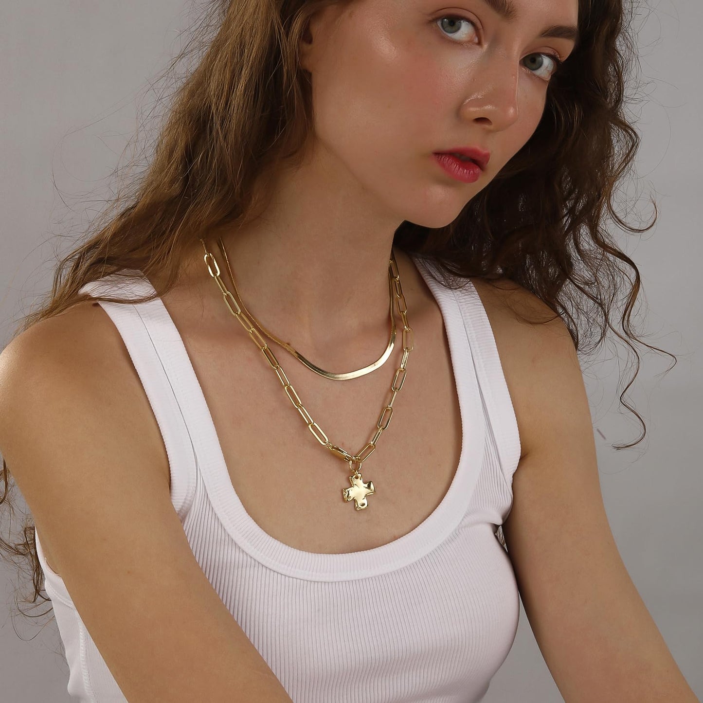 Bheop Chunky Cross Necklace for Women Trendy 14K Real Gold Plated Statement Cross Pendant Charm Necklace Waterproof Big Paperclip Chain Costume Christian Religious Jewelry Gift Non Tarnish