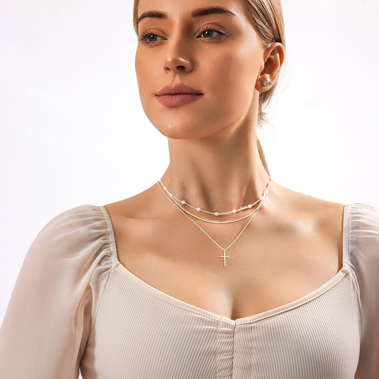 Zeffy Layered Silver Necklaces for Women Dainty Silver Cross Necklace Trendy Pearl Choker Cute Necklace Stack Jewelry Sets for Women Gifts