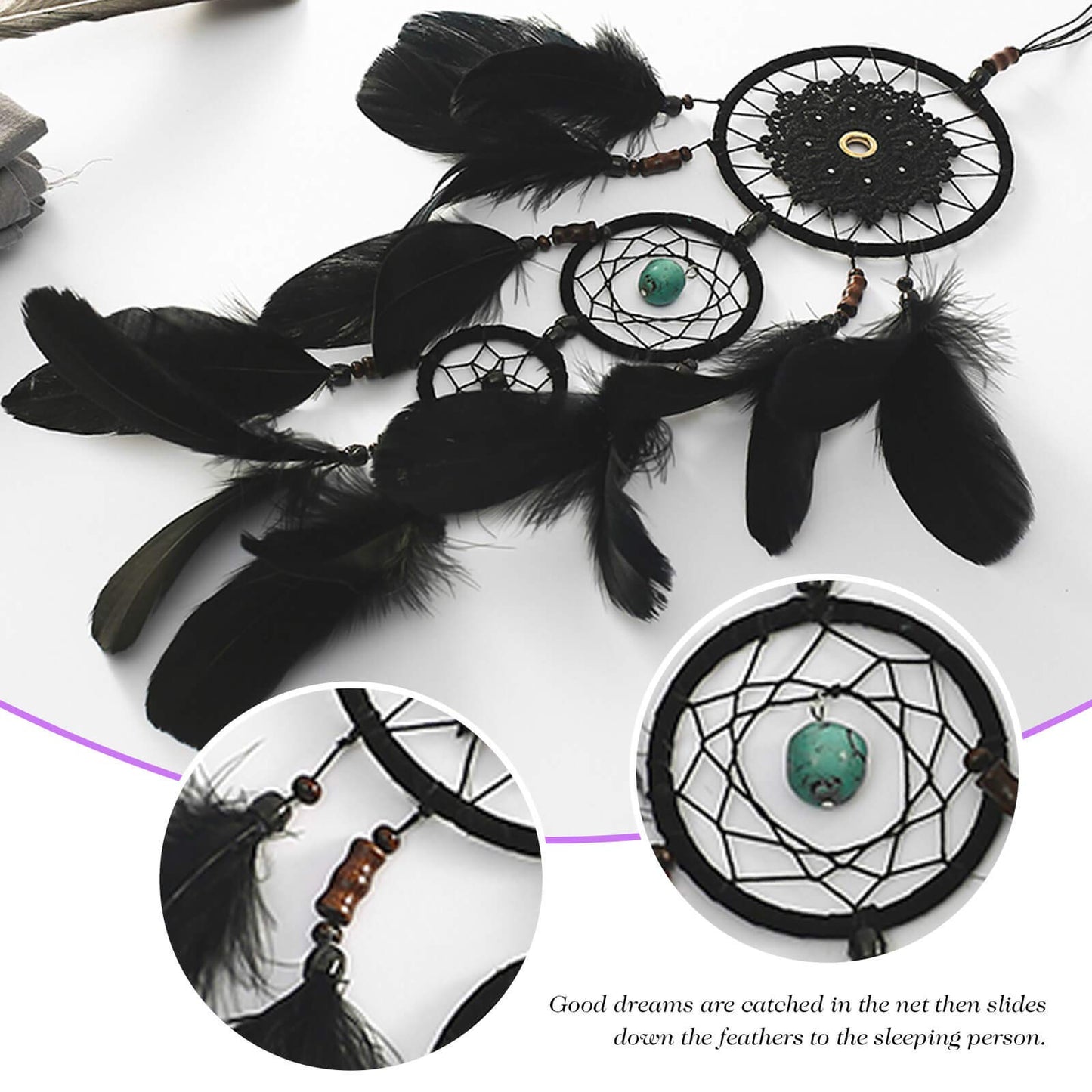 Pretty Jolly Black Gothic Dream Catcher Wall Decor Handmade Woven Feather Macrame Dream Catchers Wall Hanging for Bedroom,Living Room,Wedding Party,Home Decor-Black 3 Rings 22.4"