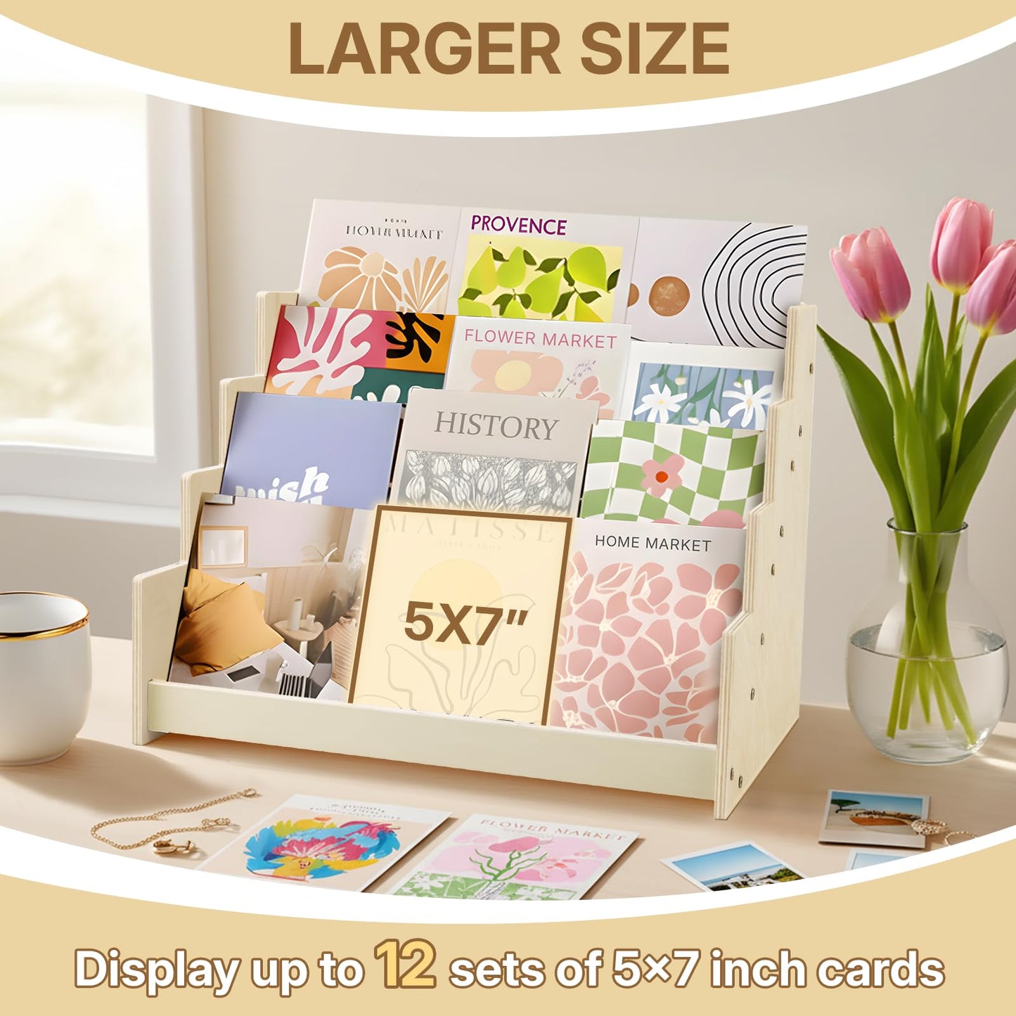 Aubeco 4 Tier 1Pc Wooden Greeting Card Display Stand, Sticker Organizer Rack, Retail Photos Shelf for Vendors Craft Collection, Retail Stores, Postcards, Jewelry, Snacks