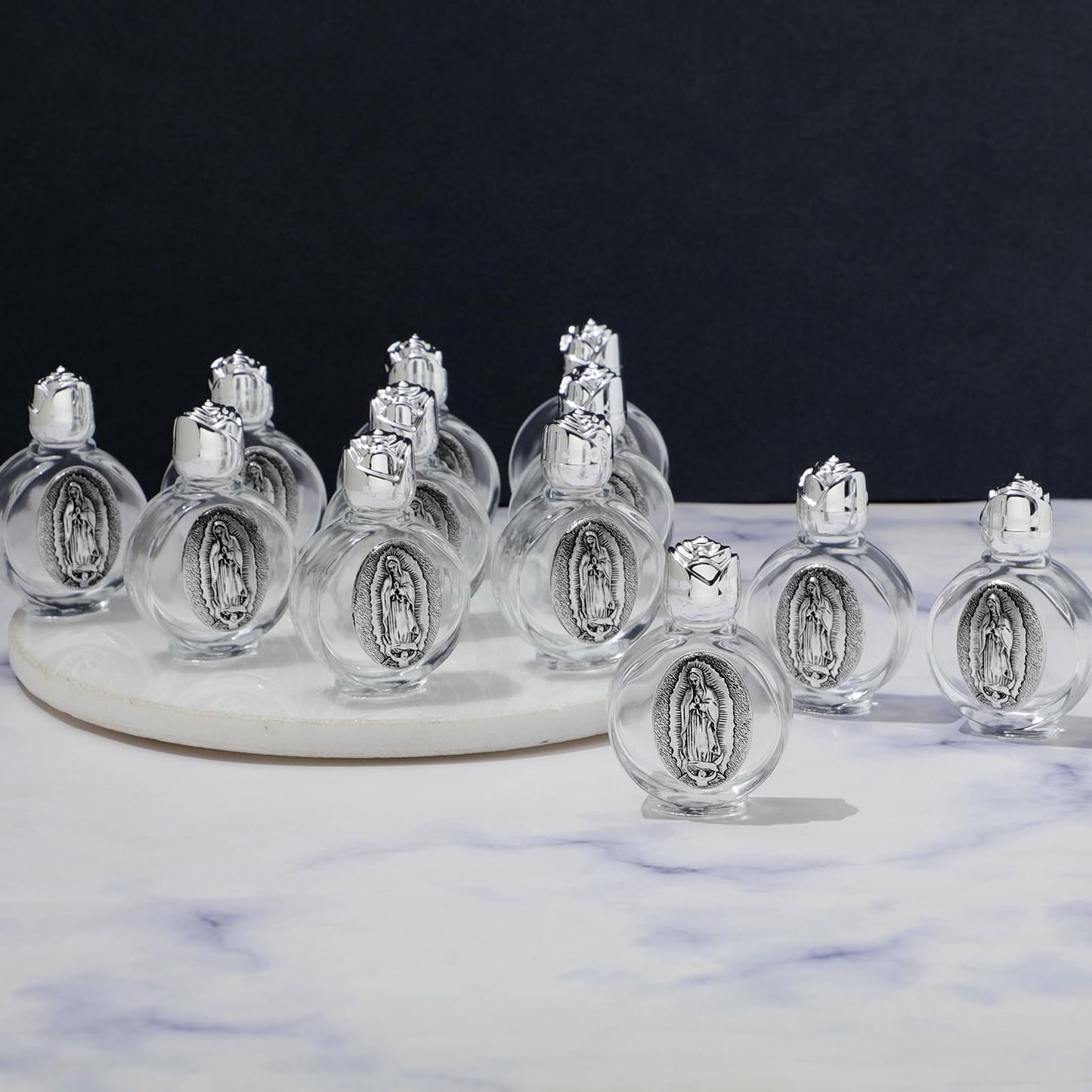KOMI 12PCS Glass Holy Water Bottle 0.5 floz Mini Holy Water Container with Embossed Our Lady of Guadalupe Religious Empty Travel Bottle Church Catholic Gifts