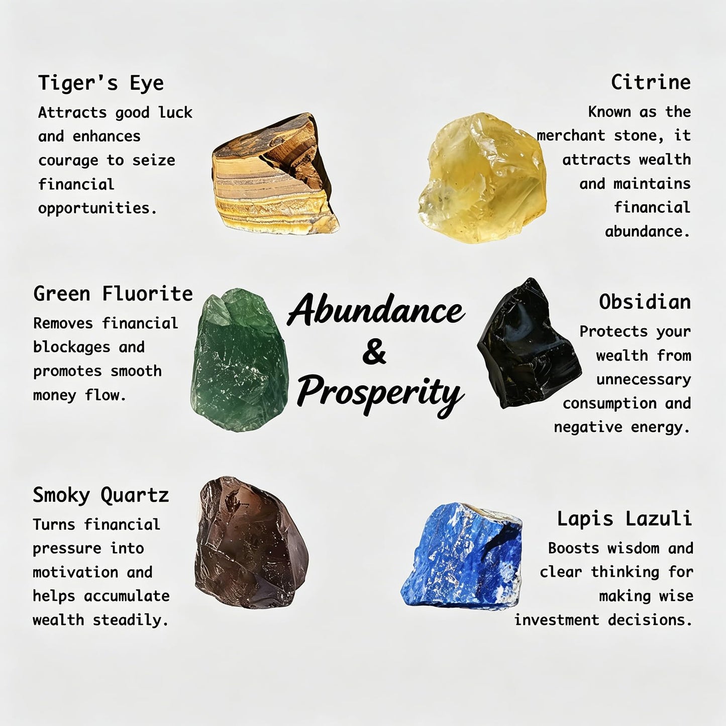 Crystal for Abundance Natural Raw Crystals 1.2-2″Set of 6 Citrine, Tiger's Eye, Green Fluorite et. Healing Crystals and Stones for Money, Success & Wealth