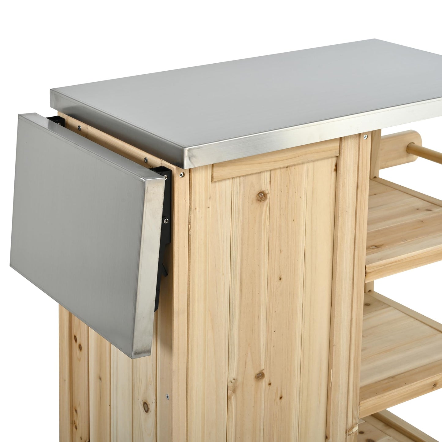 Casaphoria Outdoor Grill Cart with Folding Stainless Steel Tabletop,40" x 15" Rolling BBQ Prep Station & Kitchen Island, Wood Garden Table with Storage Cabinet and Towel Rack,Natural Finish