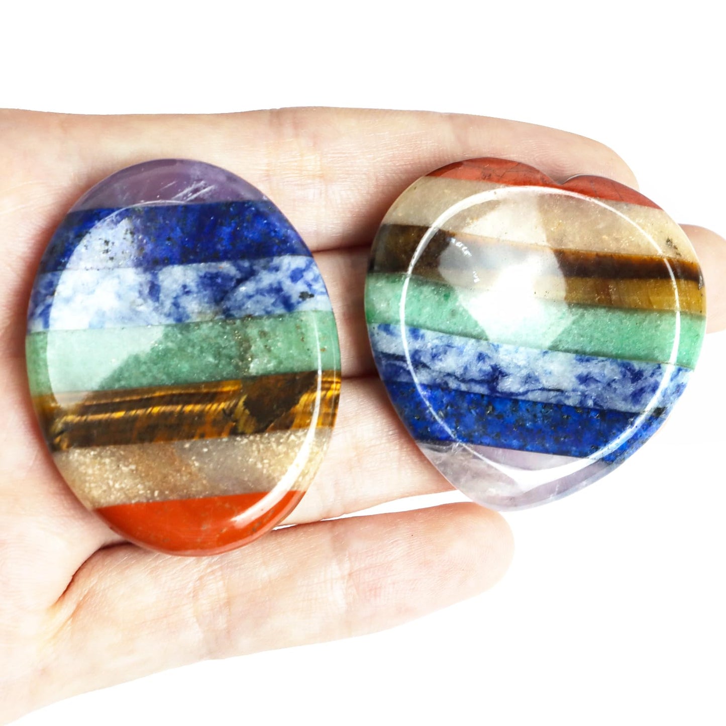 2PCS Worry Stones for Anxiety, 7 Chakra Thumb Oval Heart Crystals Healing Stones, Meditation Chakra Stones Healing Crystals, Natural Reiki Relax Palm Stone Stress Relief Gifts for Women Men