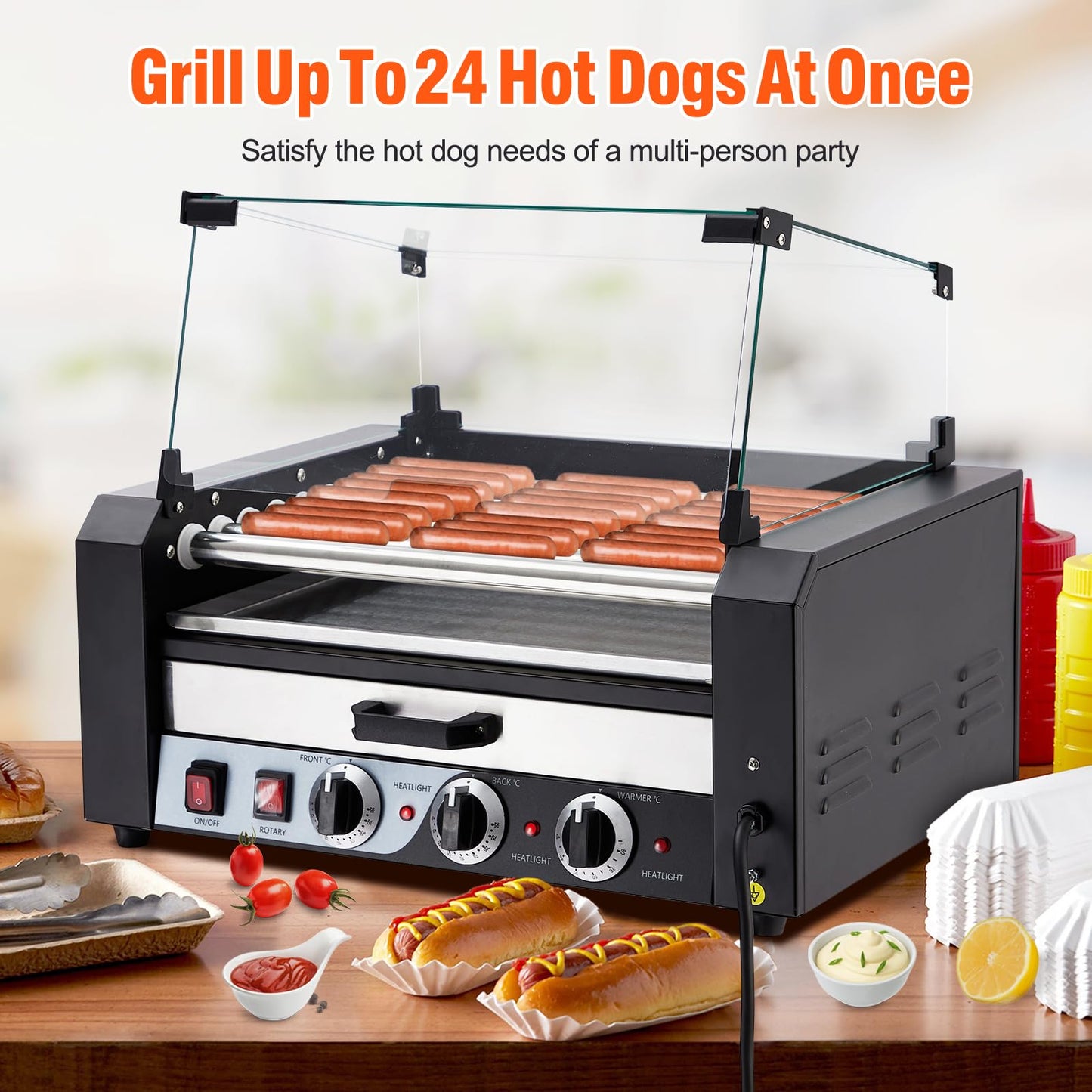 ACONEE Hot Dog Roller, 9 Rollers 24 Hot Dogs Capacity 1650W Stainless Sausage Grill Cooker Machine with Removable Oil Drip Tray Dual Temp Control and Glass Hood Cover, Perfect for Commercial and Party