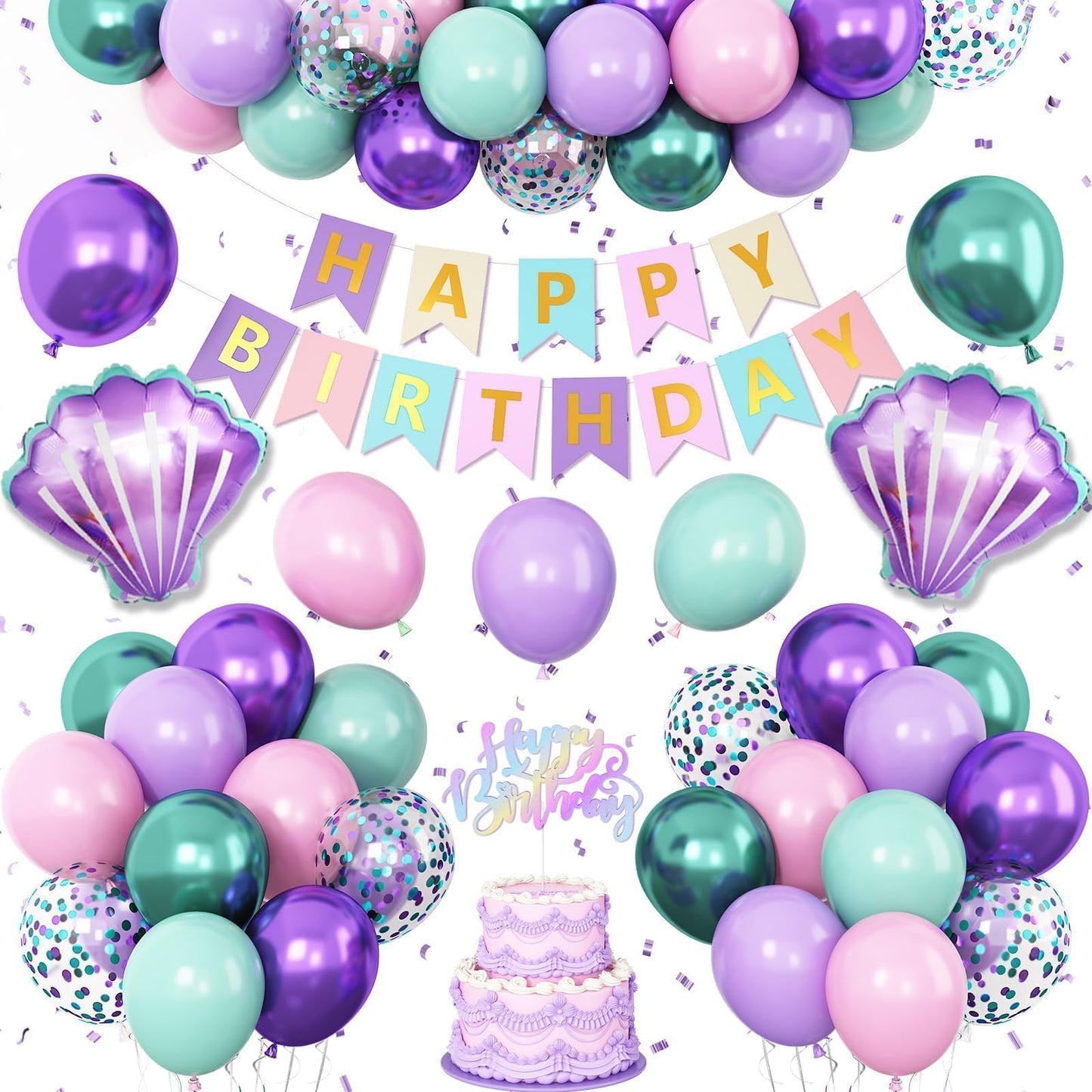 Mermaid Birthday Decoration for Girls,Metallic Purple Pink Green Blue Latex Balloons Seashell Foil Balloons Banner Cake Topper Mermaid Sea Decorations