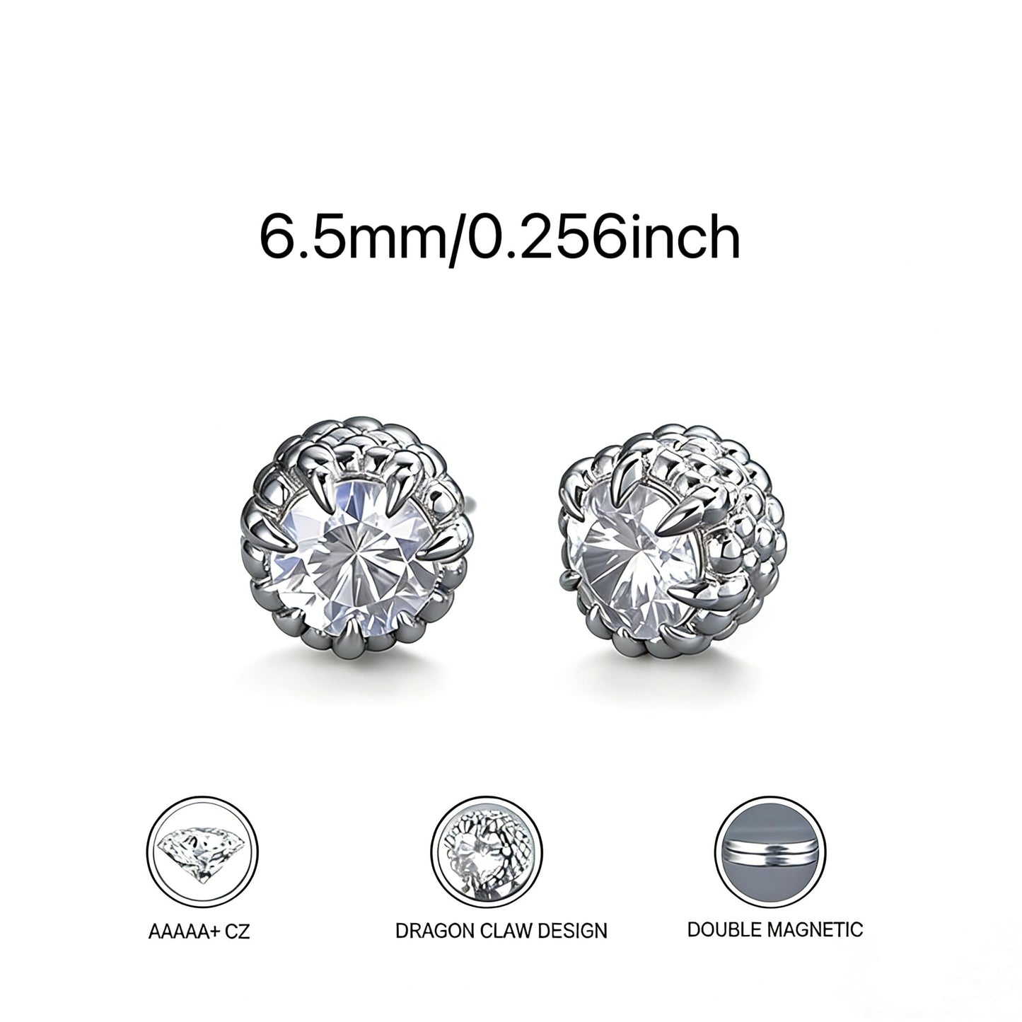 keekingdom silver Magnetic Stud Earrings for Men Women Dragon Claw Design Cubic Zirconia No Piercing Clip On Magnet Ear Jewelry for Daily Wear and Precious Holiday Present