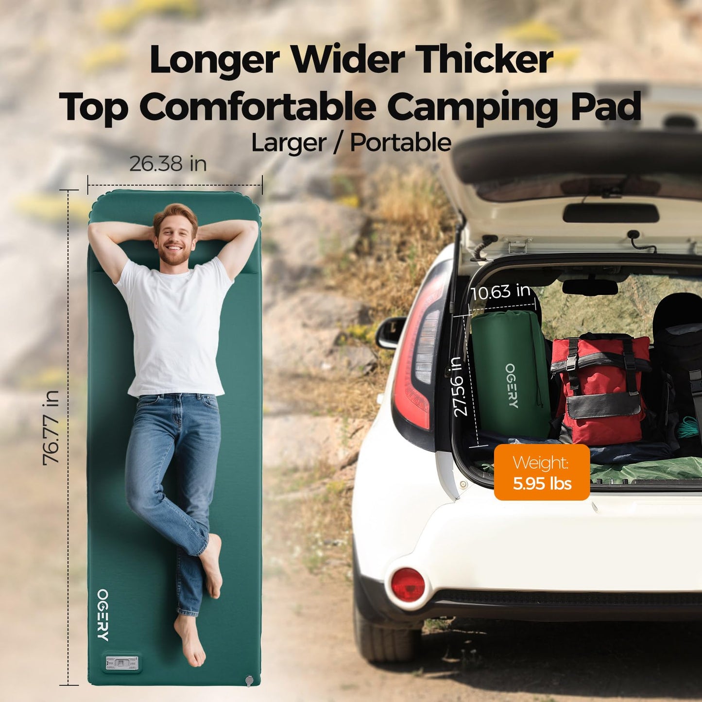 OGERY Self Inflating Sleeping Pad with Electric Pump, 3.15" Ultra-Thick Memory Foam Camping Pad, 4 Season Camping Mattress Pad with Built-in Pillow, Camping Essentials Gear for Tent Travel Car