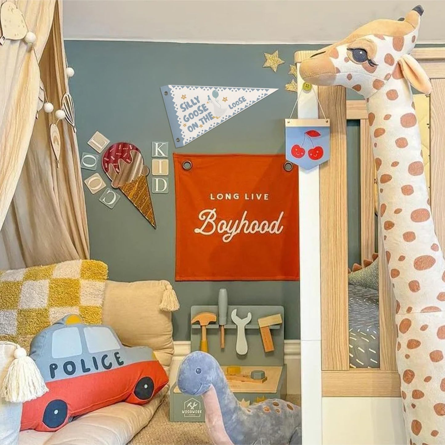 WXHUM Playroom Kids Room Nursery Wall Art Decor, Silly Goose On the Loose Felt Pennant Banner Flags, Silly Goose Birthday Wall Decorations for Kid Boy Toddler Room, 8x14 Inch