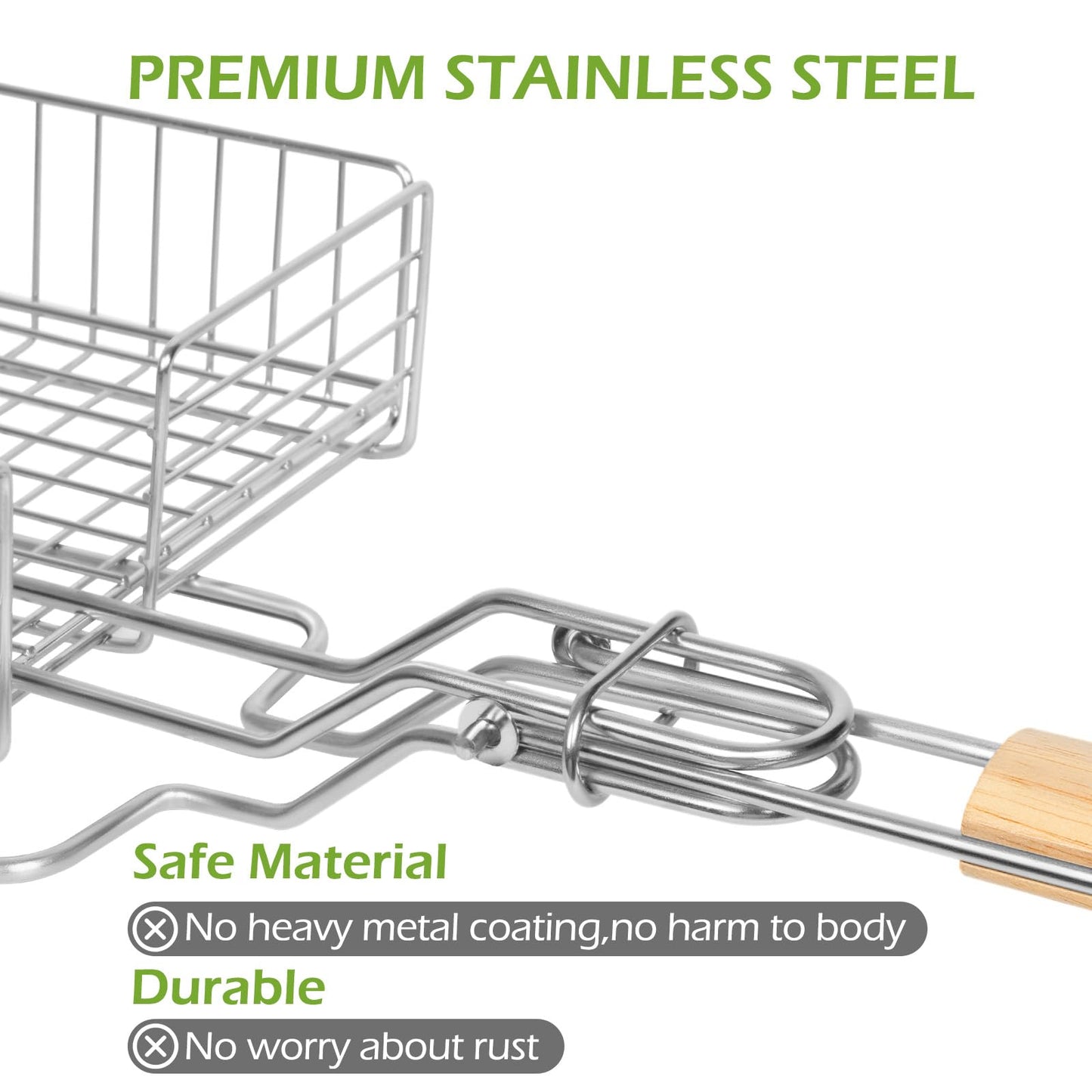 DOUBLE TWO - Stainless Steel Grill Basket, Grilling Baskets for Outdoor Grill, for Meat, Fish, Vegetable, BBQ Accessory, With Height Adjustable Cover & Detachable Handle, Easy to use, 1Pcs