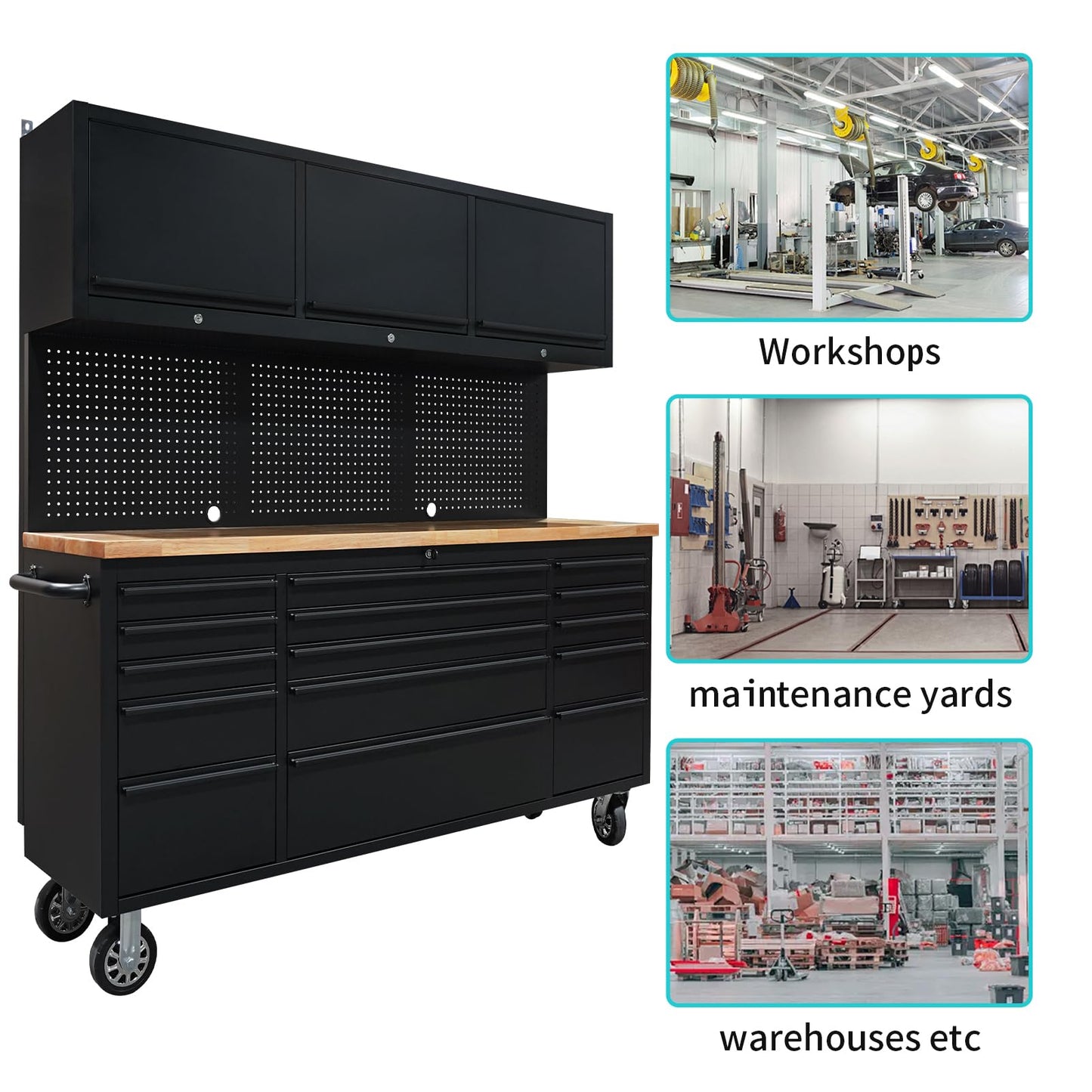 CHETTO C 72 inch Tool Chest Tool Box Mobile 15 Drawers Storage 3 Upper Cabinets SS-Pegboard Rolling Cabinet with Wheels Lock Key Locking System Drawer Liners for Garage Warehouse Repair Shop Black