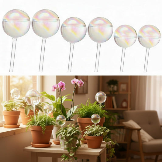 Ferrochef 6 Pcs Iridescent Self Watering Globes Glass Rainbow Plant Self Watering Globes Planter Insert Large Automatic Plant Waterer Bulbs for Planter Indoor Outdoor Garden, 16oz, 13oz, 10oz