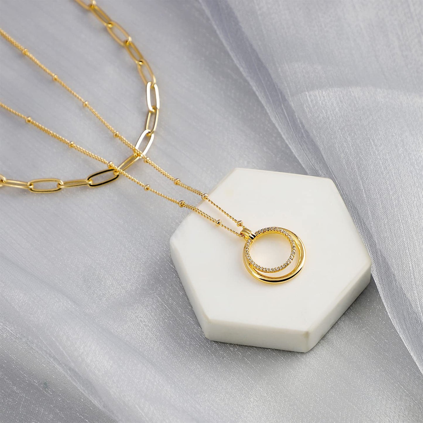 MEVECCO Gold Layered Choker Necklace for Women, 18K Gold Plated Dainty CZ Double Circle Pendant Minimalist Paperclip Double Layer Necklace for Jewelry