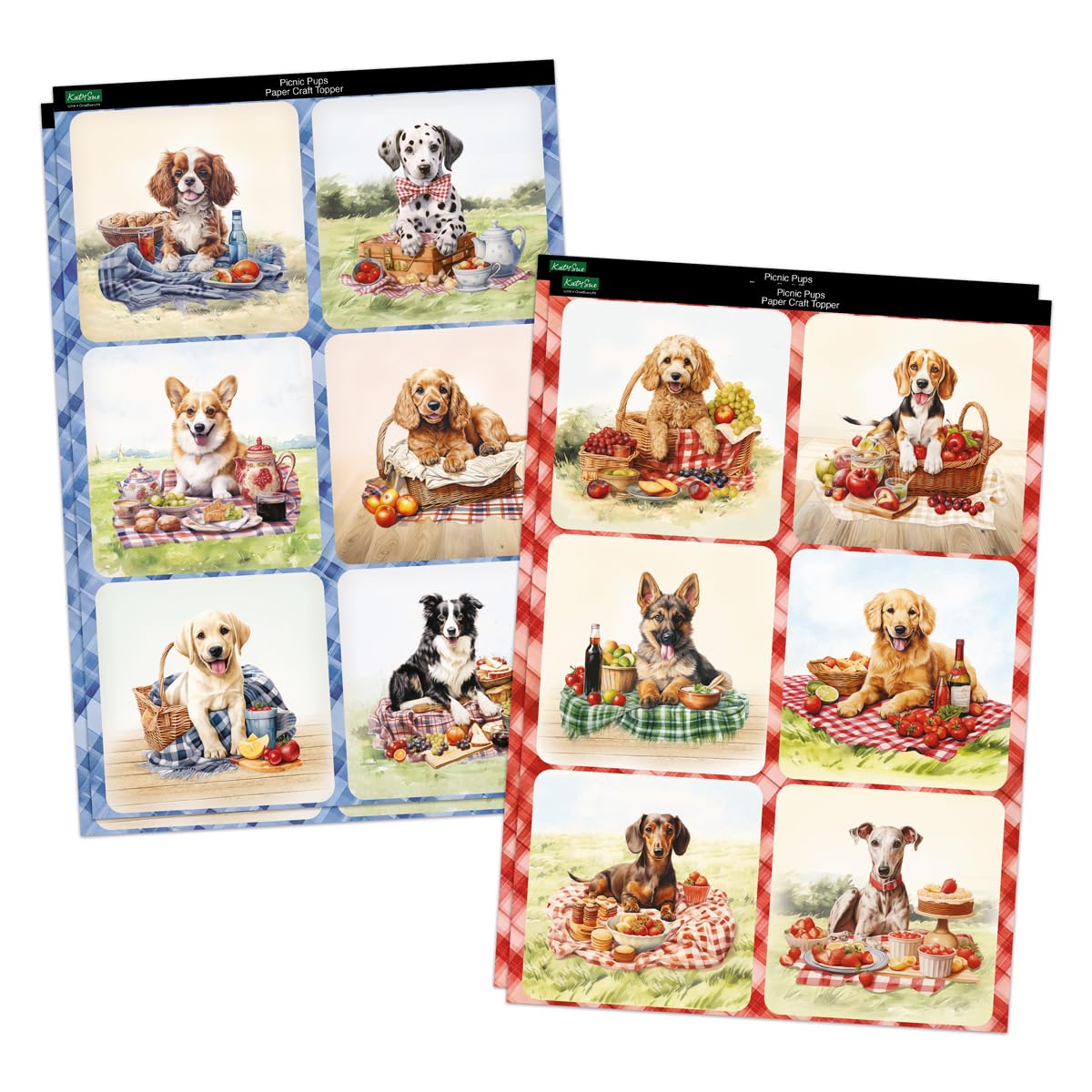 Katy Sue Designs Picnic Pups Die Cut Topper & Decoupage Collection. 4 Sheets of Dog-Themed Square Card Toppers & 4 Sheets of Matching Die Cut Decoupage Sheets for Card Making Supplies & Craft Supplies