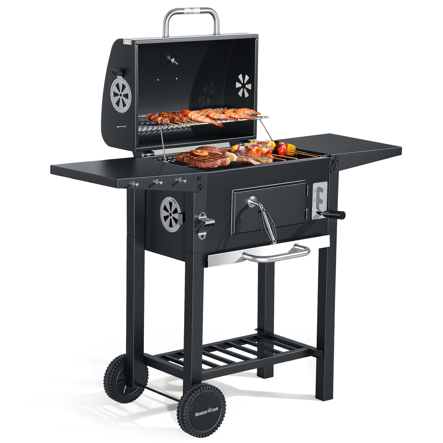 MASTER COOK Charcoal Grills with Two Foldable Side Tables, 353 Sq.In Cooking Area Outdoor Smoke Barbecue bbq Grill for Camping, Backyard Party, Patio, Picnic, Garden, Black,18"D x 43"W x 37"H