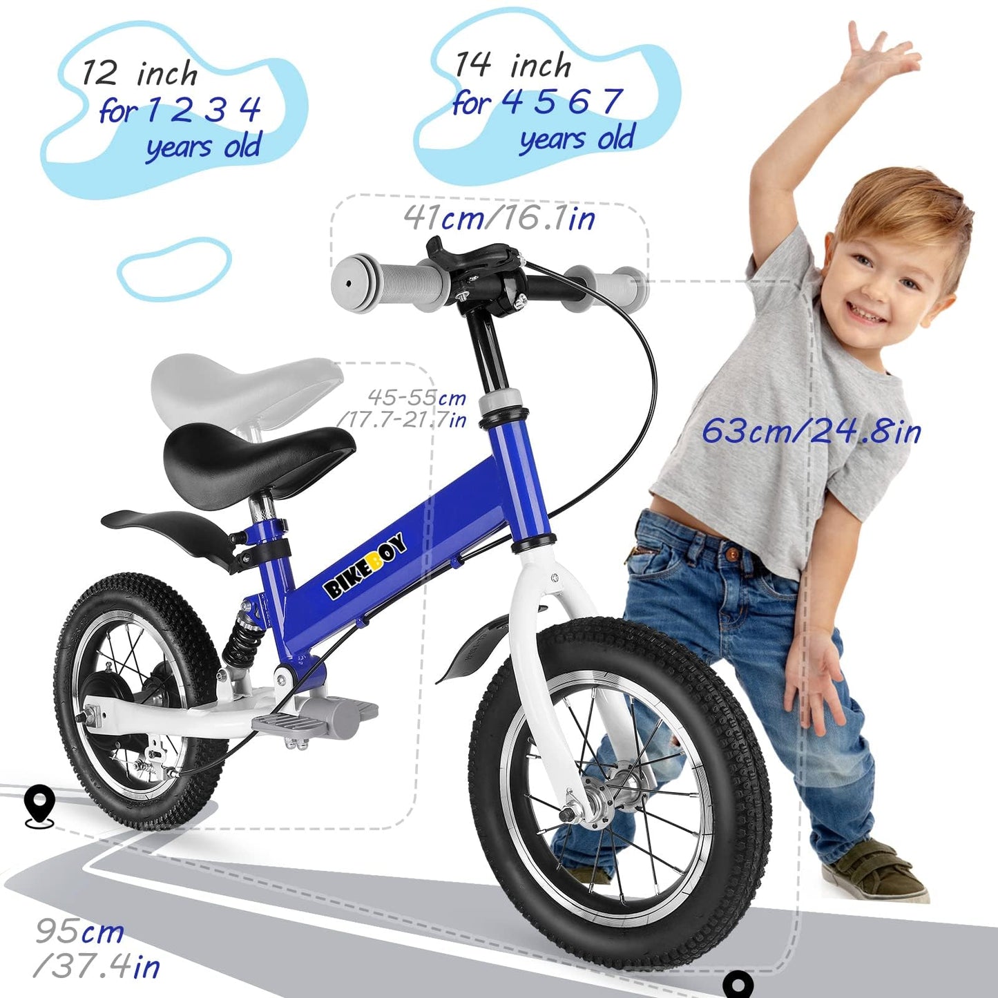 bikeboy Balance Bike 3 in 1,The Dual Use of a Kids Balance Bike and Kids Bike,12 14 Inches for 2-6 Years Old,with Shock Absorbers, Fenders, Pedals, Auxiliary Wheels